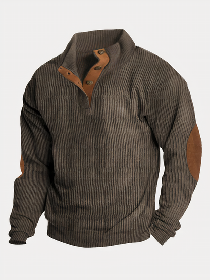 Pullover - Herren Pullover mit halber Knopfleiste und Ellbogenaufnähern-Braun-S-Chaps Herrenmode