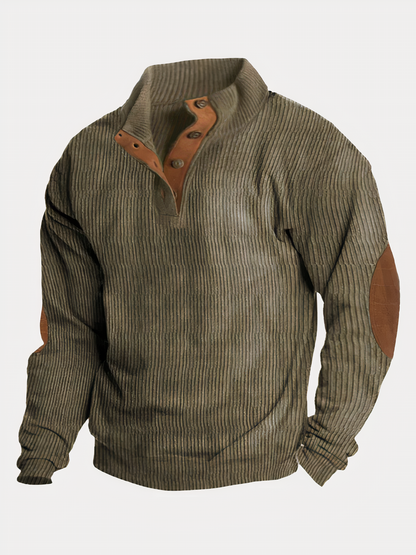 Pullover - Herren Pullover mit halber Knopfleiste und Ellbogenaufnähern-Grün-S-Chaps Herrenmode