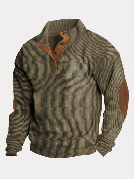 Pullover - Herren Pullover mit halber Knopfleiste und Ellbogenaufnähern-Grün-S-Chaps Herrenmode
