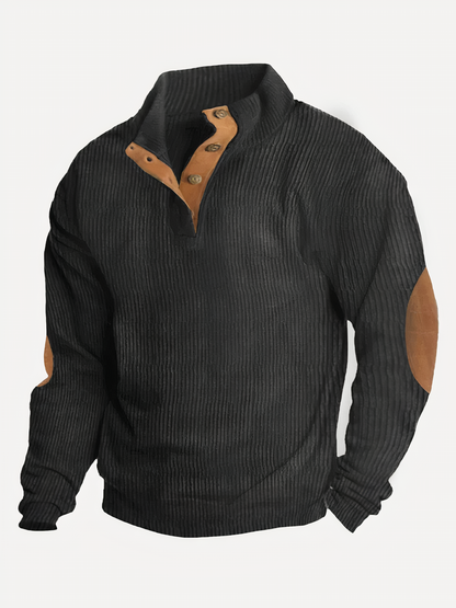Pullover - Herren Pullover mit halber Knopfleiste und Ellbogenaufnähern-Schwarz-S-Chaps Herrenmode