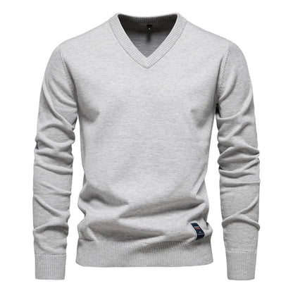 Pullover mit V-Ausschnitt - Klassischer lässiger Langarm-Strickpullover für Männer-Hellgrau-S-Chaps Herrenmode