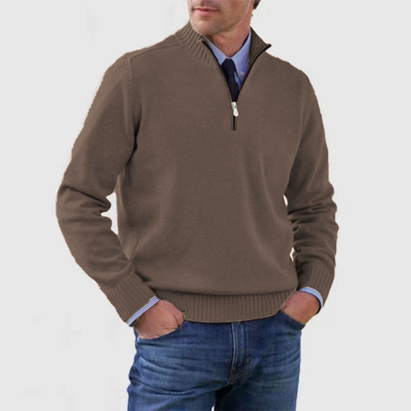 Pullover mit Viertelreißverschluss | Gestrickt | Langarm | Pullover mit halbem Reißverschluss | Herrenpullover mit Viertelreißverschluss-Braun-M-Chaps Herrenmode