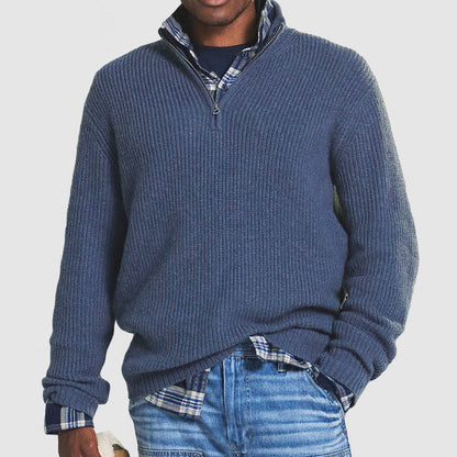 Pullover mit Viertelreißverschluss | Gestrickt | Lockere Passform | Pullover mit halbem Reißverschluss | Herrenpullover mit Viertelreißverschluss-Blau-S-Chaps Herrenmode
