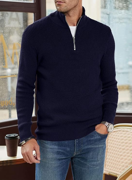 Pullover mit Viertelreißverschluss | Gestrickt | Rippstrick | Polopullover | Herrenpullover mit halbem Reißverschluss-Chaps Herrenmode