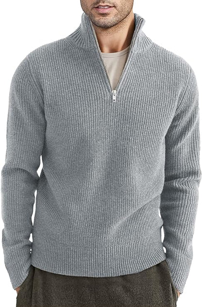 Pullover mit Viertelreißverschluss | Gestrickt | Rippstrick | Polopullover | Herrenpullover mit halbem Reißverschluss-Grau-XS-Chaps Herrenmode