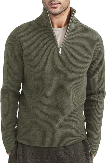 Pullover mit Viertelreißverschluss | Gestrickt | Rippstrick | Polopullover | Herrenpullover mit halbem Reißverschluss-Grün-XS-Chaps Herrenmode