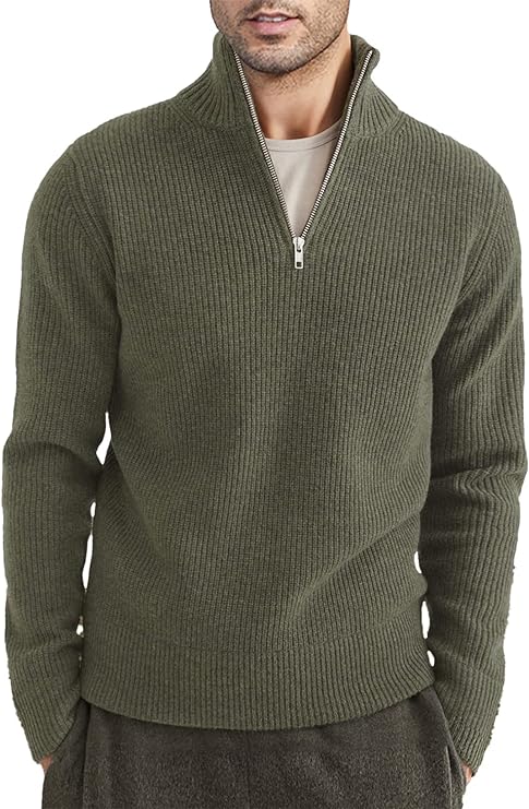 Pullover mit Viertelreißverschluss | Gestrickt | Rippstrick | Polopullover | Herrenpullover mit halbem Reißverschluss-Grün-XS-Chaps Herrenmode