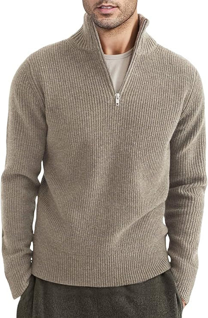 Pullover mit Viertelreißverschluss | Gestrickt | Rippstrick | Polopullover | Herrenpullover mit halbem Reißverschluss-Khaki-XS-Chaps Herrenmode