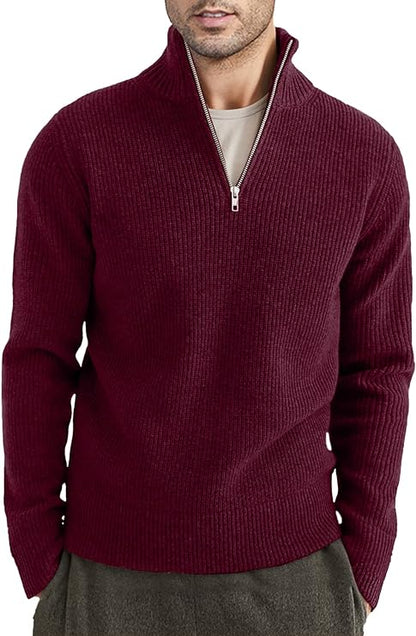 Pullover mit Viertelreißverschluss | Gestrickt | Rippstrick | Polopullover | Herrenpullover mit halbem Reißverschluss-Rot-XS-Chaps Herrenmode