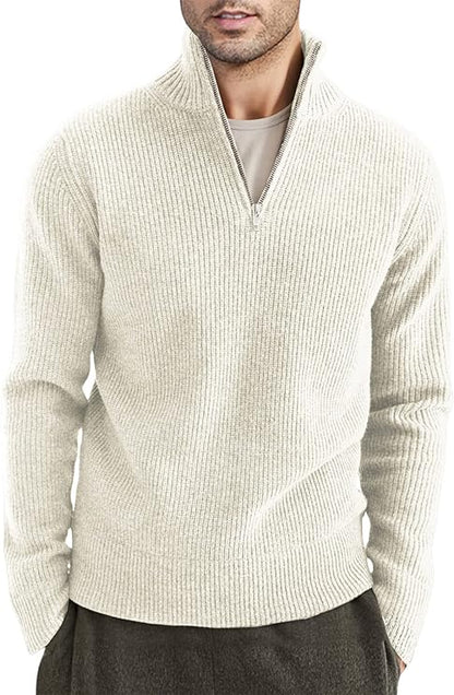 Pullover mit Viertelreißverschluss | Gestrickt | Rippstrick | Polopullover | Herrenpullover mit halbem Reißverschluss-Weiß-XS-Chaps Herrenmode