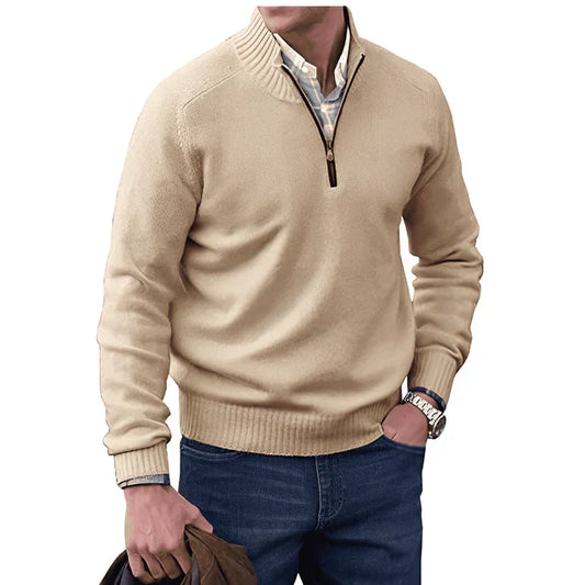 Pullover mit Viertelreißverschluss – Langarm – Gestrickt – Kaschmirpullover – Herrenpullover mit halbem Reißverschluss-Beige-S-Chaps Herrenmode