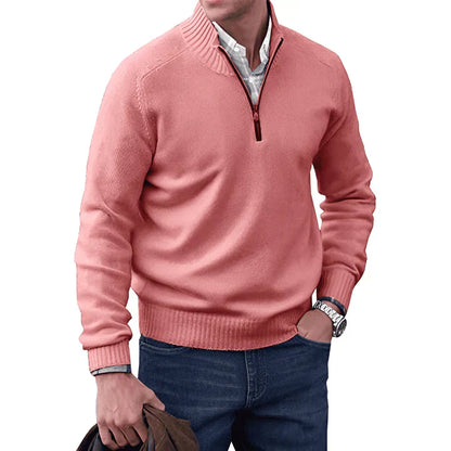 Pullover mit Viertelreißverschluss – Langarm – Gestrickt – Kaschmirpullover – Herrenpullover mit halbem Reißverschluss-Rosa-S-Chaps Herrenmode