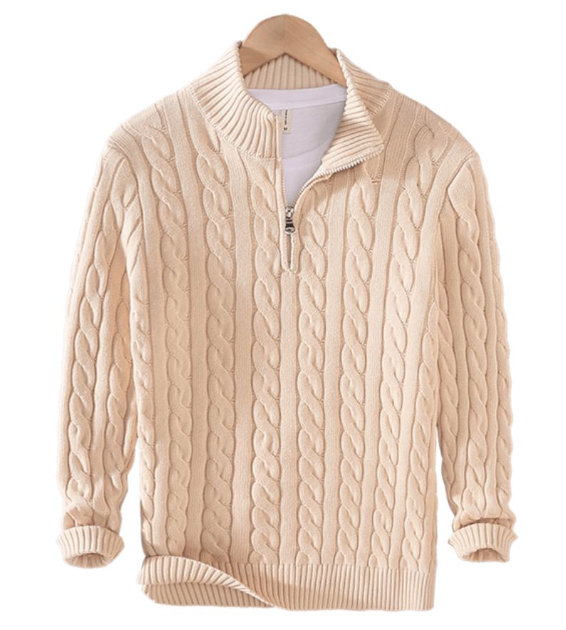 Pullover mit Viertelreißverschluss – Zopfmuster – Halbreißverschluss – Strickpullover – Herrenpullover mit Viertelreißverschluss-Beige-XS-Chaps Herrenmode
