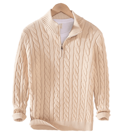 Pullover mit Viertelreißverschluss – Zopfmuster – Halbreißverschluss – Strickpullover – Herrenpullover mit Viertelreißverschluss-Beige-XS-Chaps Herrenmode