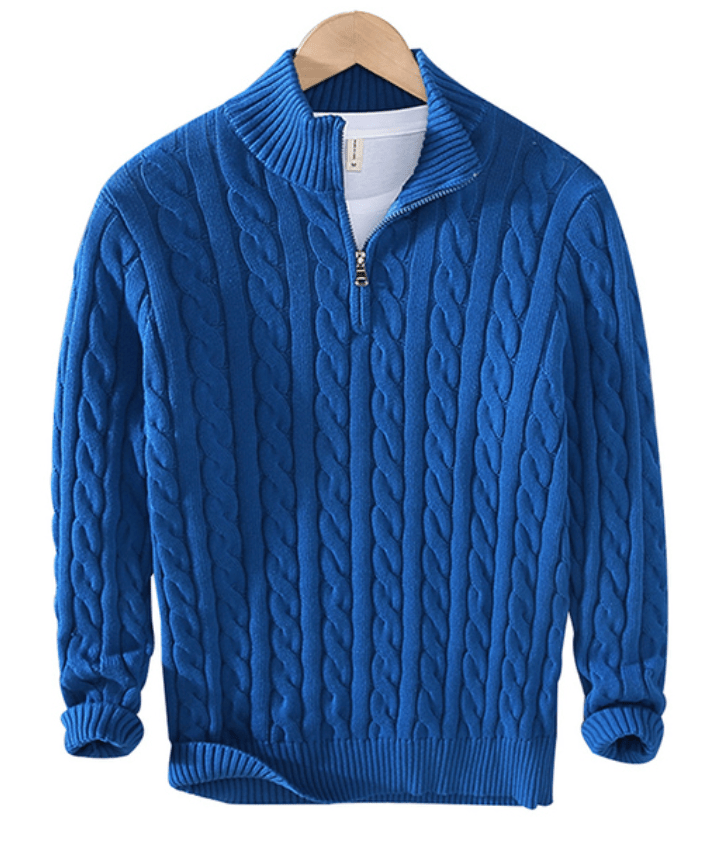 Pullover mit Viertelreißverschluss – Zopfmuster – Halbreißverschluss – Strickpullover – Herrenpullover mit Viertelreißverschluss-Blau-XS-Chaps Herrenmode