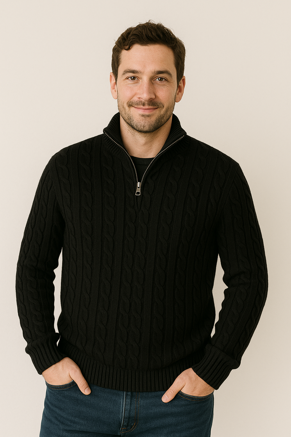 Pullover mit Viertelreißverschluss – Zopfmuster – Halbreißverschluss – Strickpullover – Herrenpullover mit Viertelreißverschluss-Chaps Herrenmode