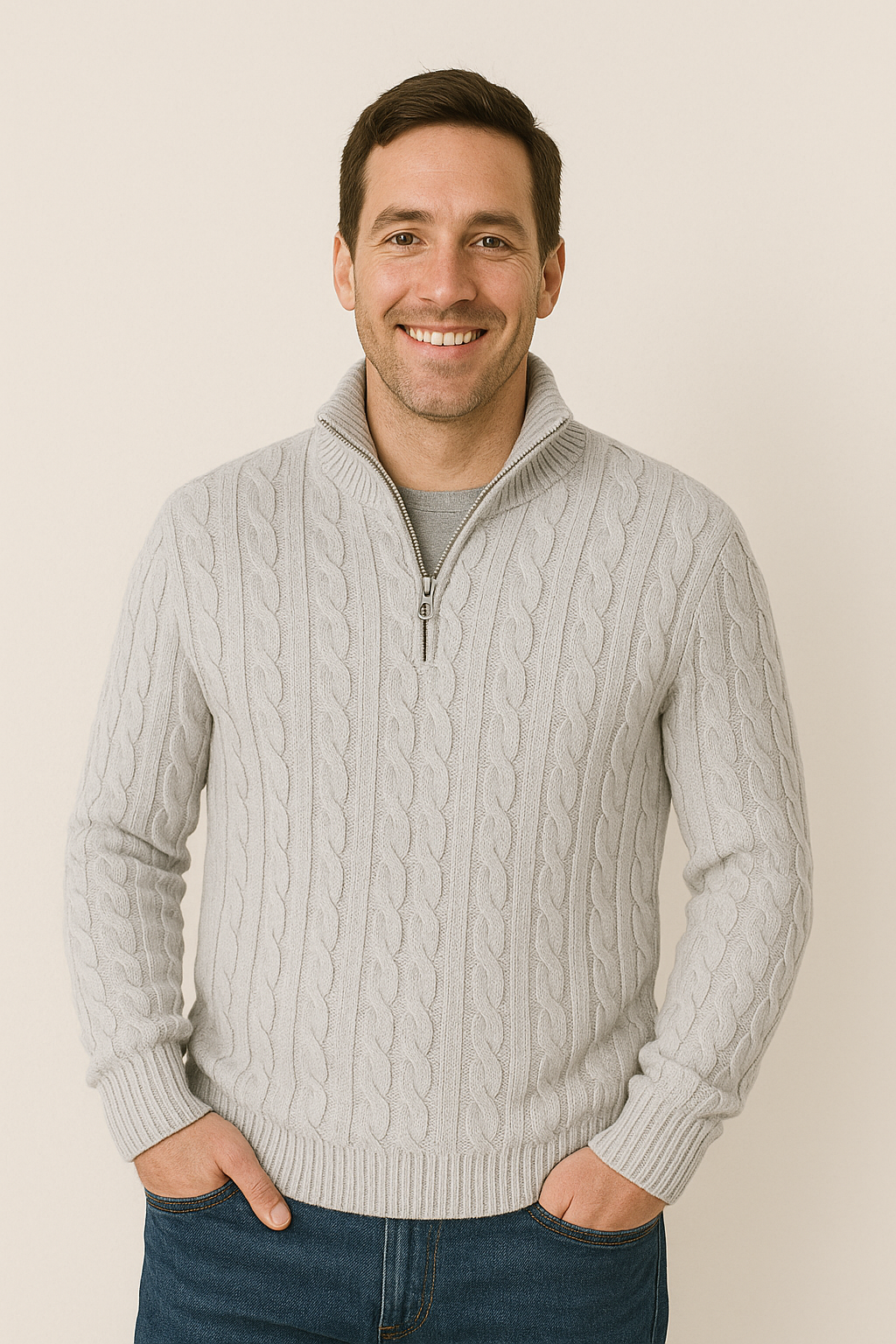 Pullover mit Viertelreißverschluss – Zopfmuster – Halbreißverschluss – Strickpullover – Herrenpullover mit Viertelreißverschluss-Chaps Herrenmode
