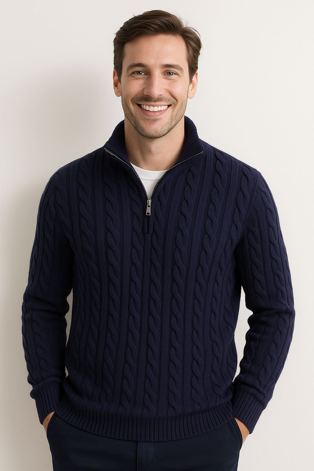 Pullover mit Viertelreißverschluss – Zopfmuster – Halbreißverschluss – Strickpullover – Herrenpullover mit Viertelreißverschluss-Chaps Herrenmode