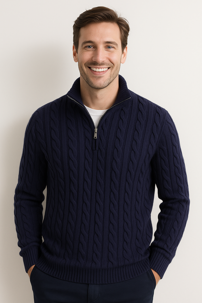 Pullover mit Viertelreißverschluss – Zopfmuster – Halbreißverschluss – Strickpullover – Herrenpullover mit Viertelreißverschluss-Chaps Herrenmode