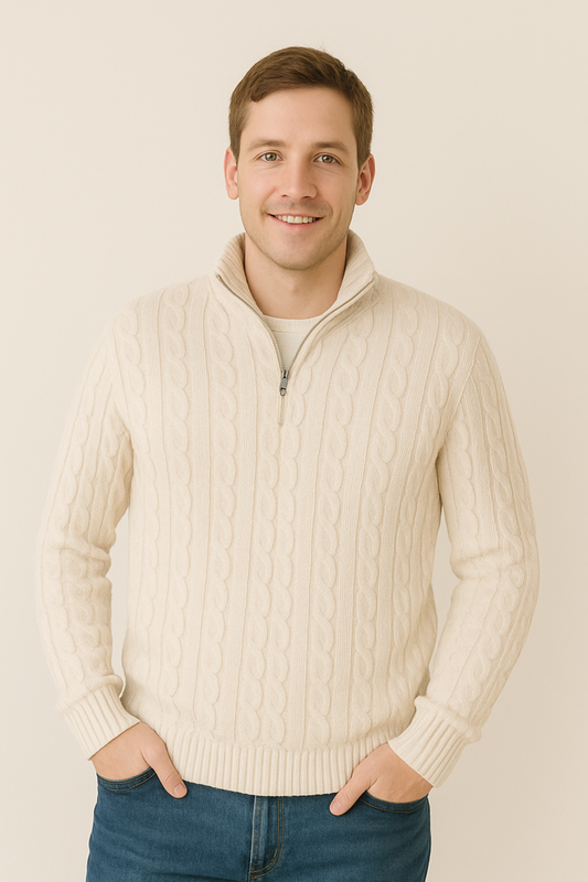 Pullover mit Viertelreißverschluss – Zopfmuster – Halbreißverschluss – Strickpullover – Herrenpullover mit Viertelreißverschluss-Chaps Herrenmode