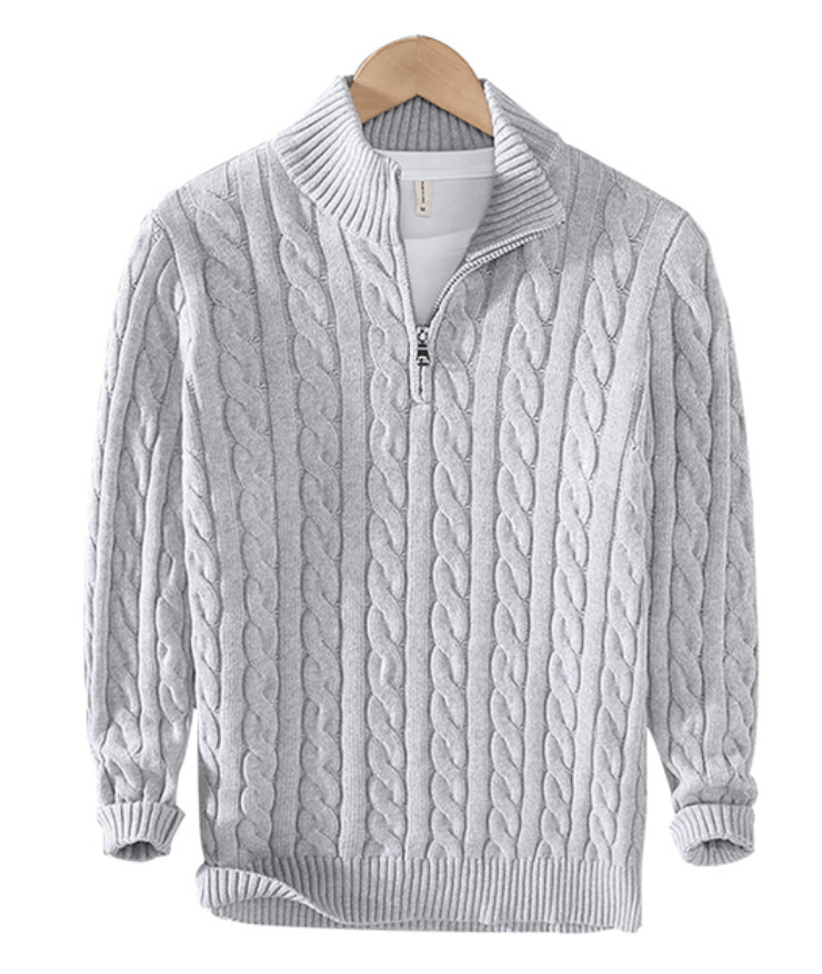 Pullover mit Viertelreißverschluss – Zopfmuster – Halbreißverschluss – Strickpullover – Herrenpullover mit Viertelreißverschluss-Grau-XS-Chaps Herrenmode
