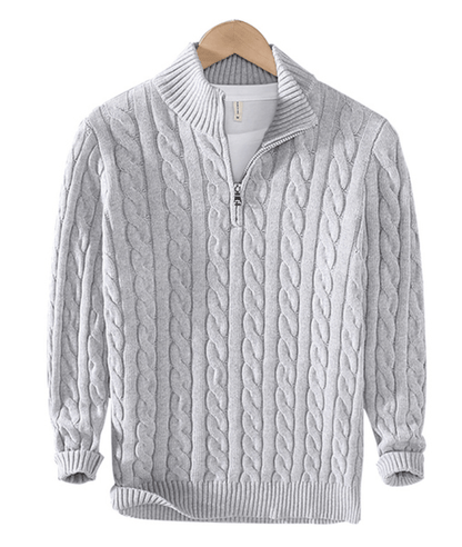 Pullover mit Viertelreißverschluss – Zopfmuster – Halbreißverschluss – Strickpullover – Herrenpullover mit Viertelreißverschluss-Grau-XS-Chaps Herrenmode