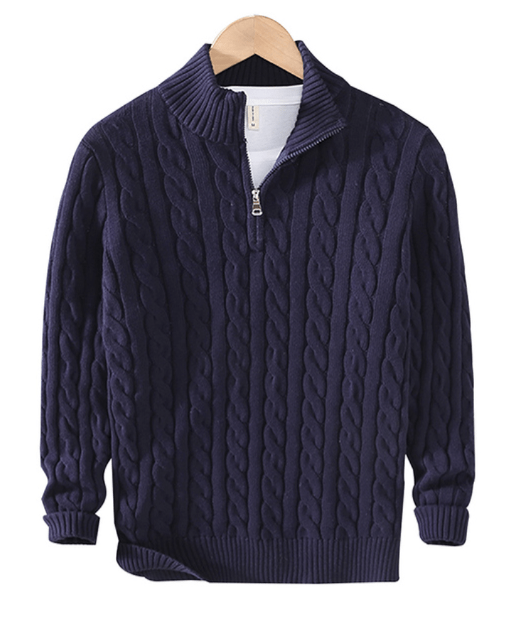 Pullover mit Viertelreißverschluss – Zopfmuster – Halbreißverschluss – Strickpullover – Herrenpullover mit Viertelreißverschluss-Marineblau-XS-Chaps Herrenmode