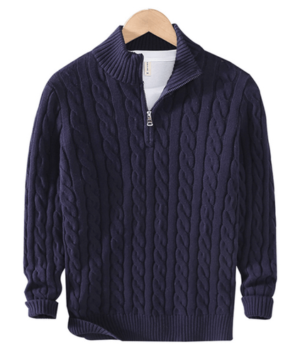 Pullover mit Viertelreißverschluss – Zopfmuster – Halbreißverschluss – Strickpullover – Herrenpullover mit Viertelreißverschluss-Marineblau-XS-Chaps Herrenmode
