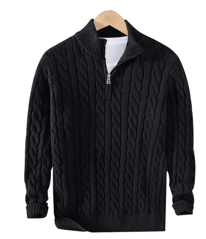 Pullover mit Viertelreißverschluss – Zopfmuster – Halbreißverschluss – Strickpullover – Herrenpullover mit Viertelreißverschluss-Schwarz-XS-Chaps Herrenmode