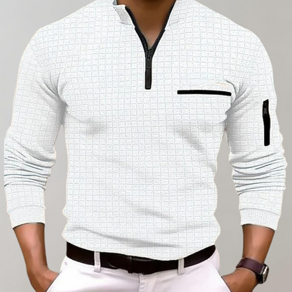 Pullover mit halbem Reißverschluss - Langarm - Pullover - Polohemd - Herrenbekleidung-Weiß-S-Chaps Herrenmode