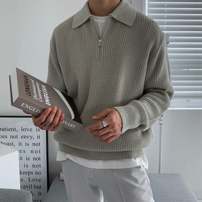 Pullover mit halbem Reißverschluss | Rippenstrick | Halsband | Strickpullover | Herrenpullover mit viertel Reißverschluss-Grau-M-Chaps Herrenmode