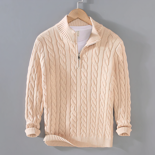 Pullover mit halbem Reißverschluss | Zopfstrick | Langarm | Strickpullover | Herrenpulli-Beige-XS-Chaps Herrenmode