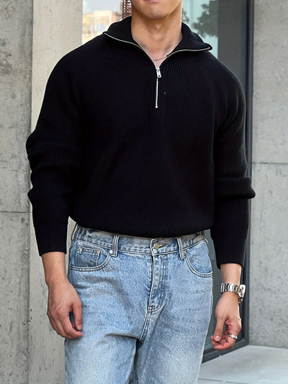 Pullover mit halbem Reißverschluss – warmer, langärmliger Strickpullover für Herren-Schwarz-M-Chaps Herrenmode