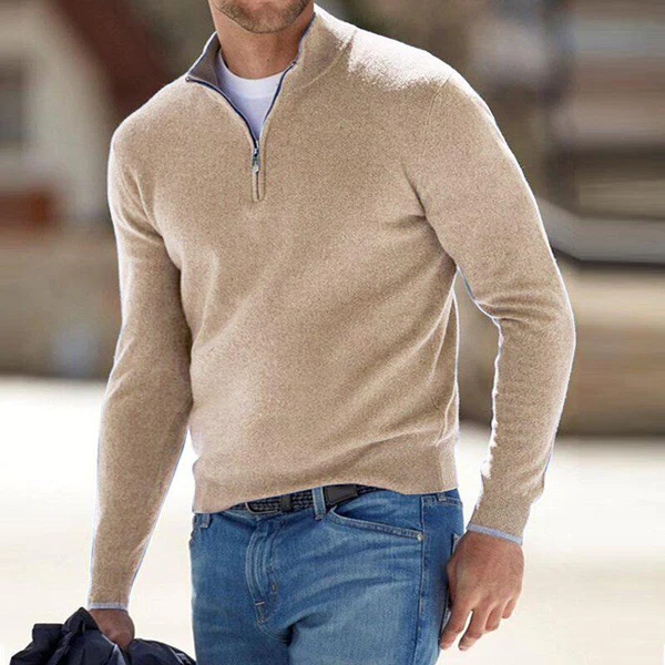 Quarter Zip Jumper – Langärmeliger Strickpullover mit halbem Reißverschluss für Herren-Beige-S-Chaps Herrenmode
