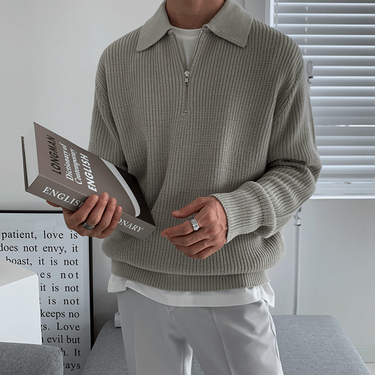 Quarter Zip Pullover | Collared | Half Zip | Strickpullover | Herrenstrickwaren-Grau-S-Chaps Herrenmode