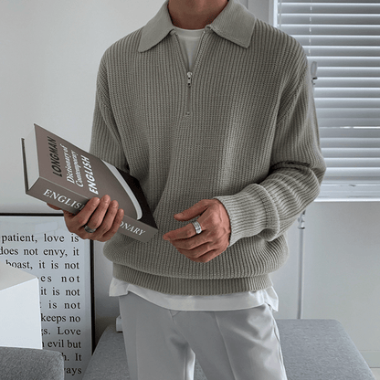 Quarter Zip Pullover | Collared | Half Zip | Strickpullover | Herrenstrickwaren-Grau-S-Chaps Herrenmode