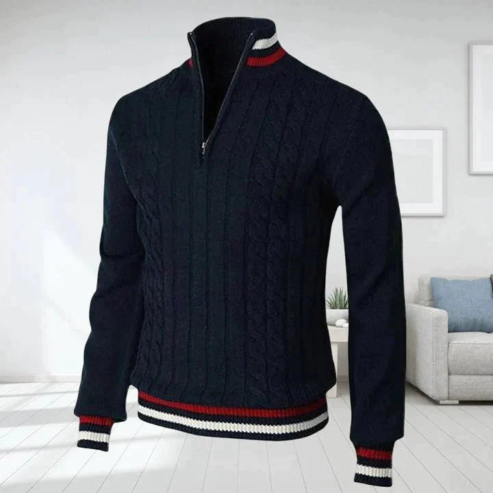Quarter Zip Pullover - Zopfstrick - Hoher Ausschnitt - Strickpullover - Herren Half Zip Pullover-Dunkelblau-S-Chaps Herrenmode