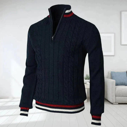 Quarter Zip Pullover - Zopfstrick - Hoher Ausschnitt - Strickpullover - Herren Half Zip Pullover-Dunkelblau-S-Chaps Herrenmode