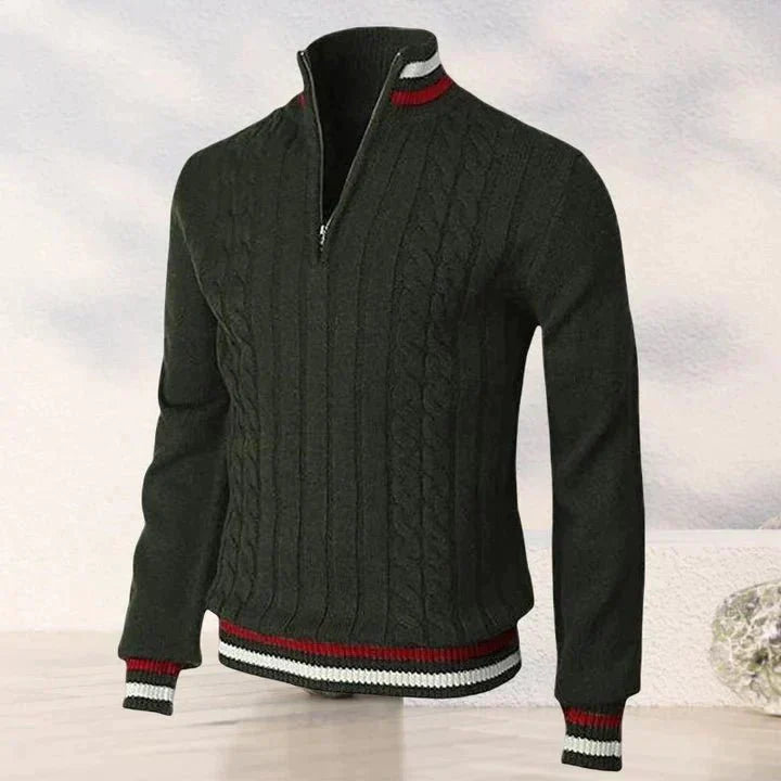 Quarter Zip Pullover - Zopfstrick - Hoher Ausschnitt - Strickpullover - Herren Half Zip Pullover-Dunkelgrün-S-Chaps Herrenmode