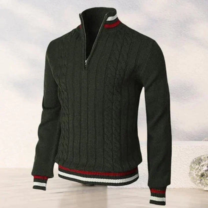 Quarter Zip Pullover - Zopfstrick - Hoher Ausschnitt - Strickpullover - Herren Half Zip Pullover-Dunkelgrün-S-Chaps Herrenmode