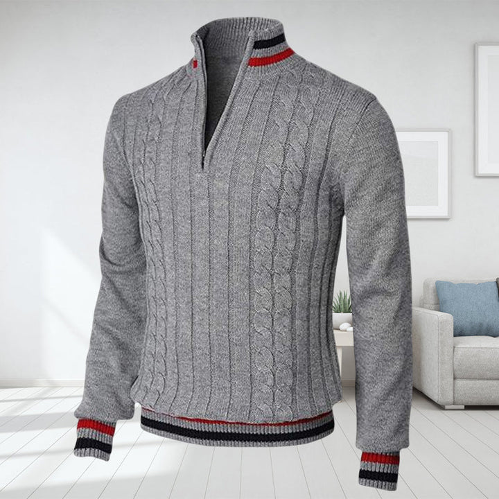 Quarter Zip Pullover - Zopfstrick - Hoher Ausschnitt - Strickpullover - Herren Half Zip Pullover-Grau-S-Chaps Herrenmode