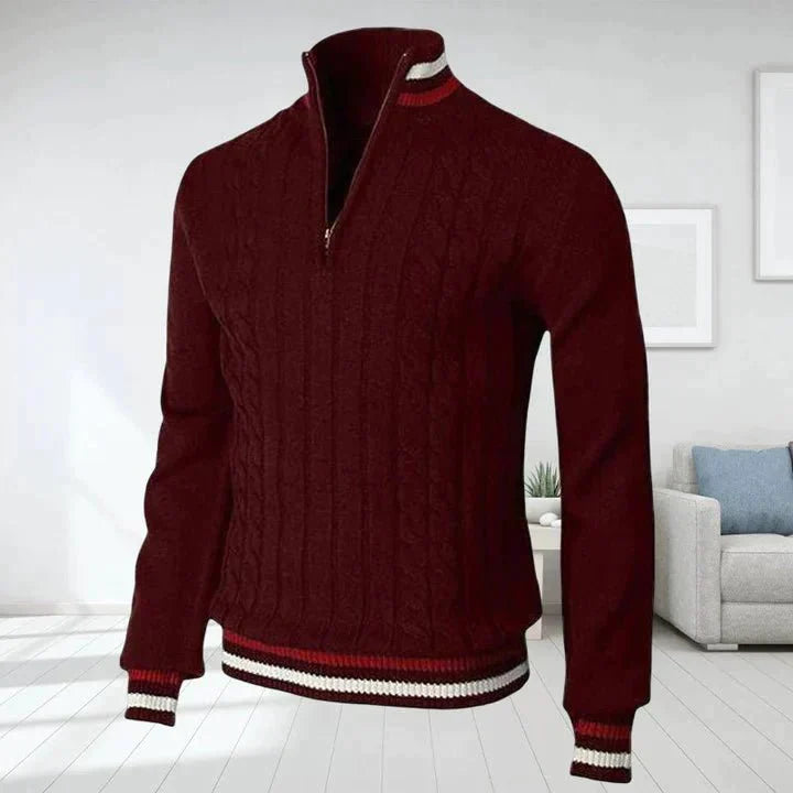 Quarter Zip Pullover - Zopfstrick - Hoher Ausschnitt - Strickpullover - Herren Half Zip Pullover-Rot-S-Chaps Herrenmode