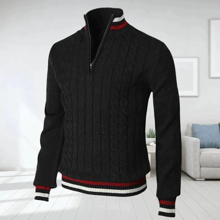 Quarter Zip Pullover - Zopfstrick - Hoher Ausschnitt - Strickpullover - Herren Half Zip Pullover-Schwarz-S-Chaps Herrenmode