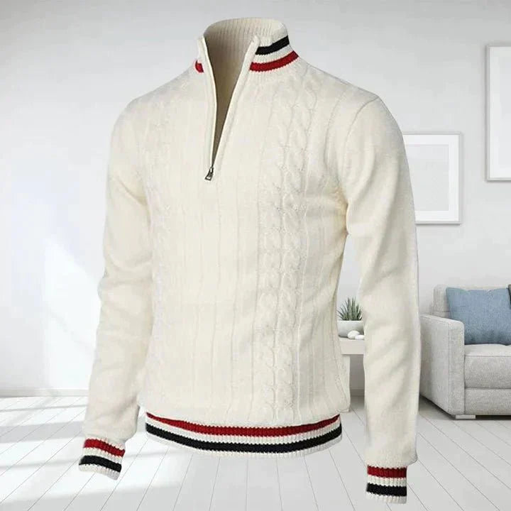 Quarter Zip Pullover - Zopfstrick - Hoher Ausschnitt - Strickpullover - Herren Half Zip Pullover-Weiß-S-Chaps Herrenmode