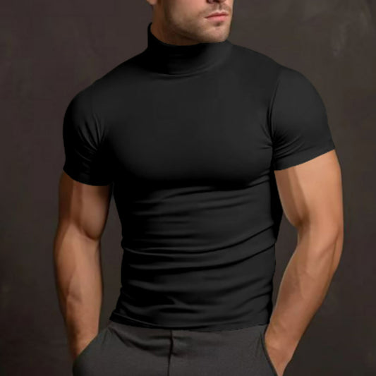 Rollkragen-T-Shirt – Herren-Pullover mit hohem Kragen, schmaler Passform und kurzen Ärmeln-Schwarz-S-Chaps Herrenmode