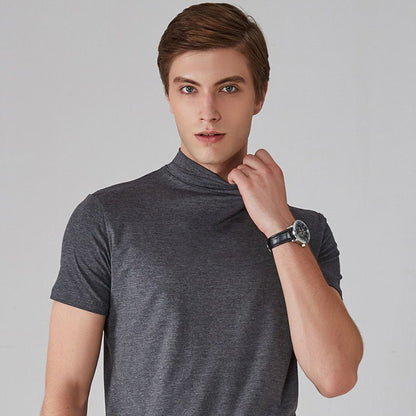 Rollkragen-T-Shirt – Kurzarm – Einfarbig – T-Shirts mit hohem Kragen – Herrenbekleidung-Grau-S-Chaps Herrenmode