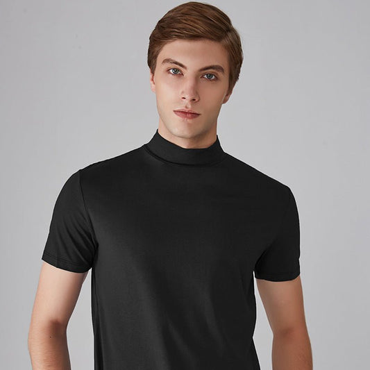 Rollkragen-T-Shirt – Kurzarm – Einfarbig – T-Shirts mit hohem Kragen – Herrenbekleidung-Schwarz-S-Chaps Herrenmode