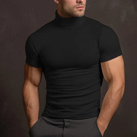 Rollkragen-T-Shirt – Slim-Fit-Kurzarm-Pullover mit hohem Kragen für Herren-Schwarz-S-Chaps Herrenmode