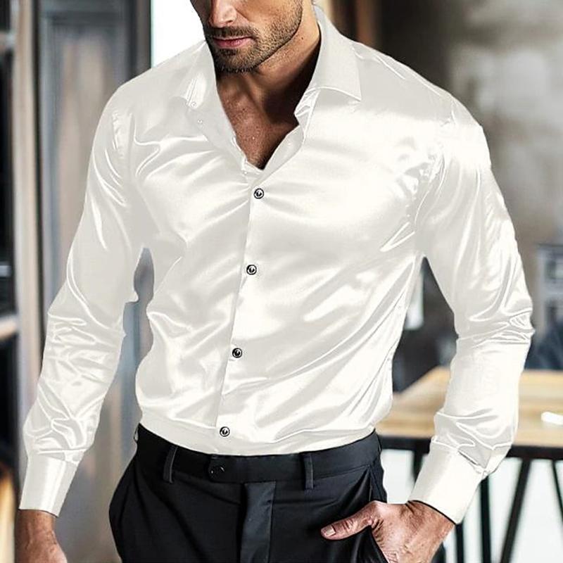 Satinhemd – bügelfreies, glänzendes Langarm-Hemd mit Knopfleiste für Herren-Weiß-S-Chaps Herrenmode