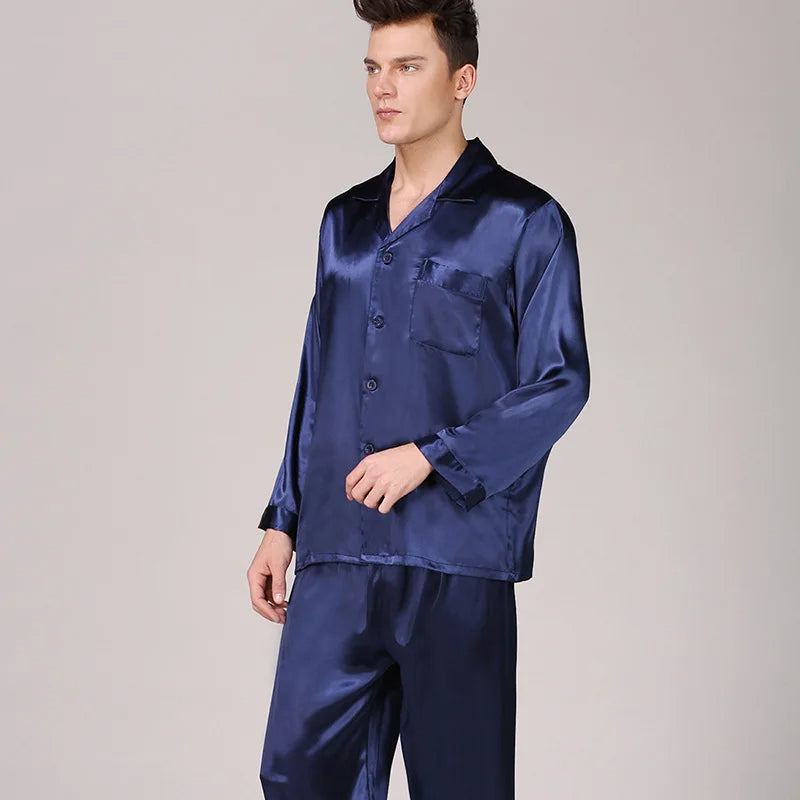 Seidenpyjama - Langarm - geknöpft - Satin-Pyjama-Set - Seidenpyjamas für Männer-Blau-L-Chaps Herrenmode